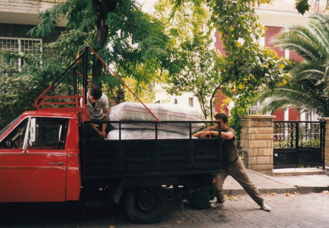 At the church loading a truck with supplies.